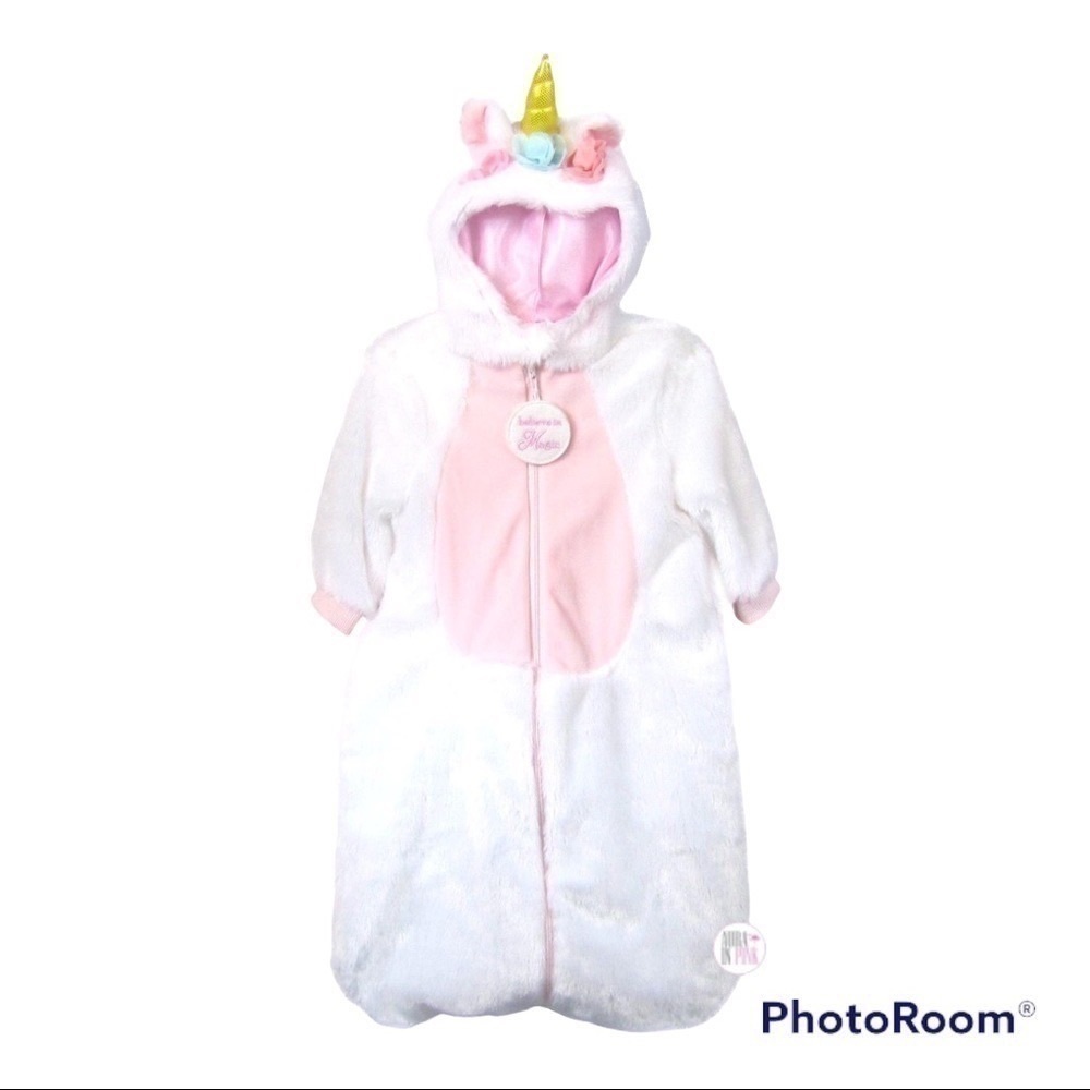 Dream Play Imagine Faux Fur Plush Unicorn Bunting Bag w/Hoodie 3-6 mos.
